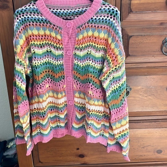 Women’s Pink And Green Cardigan With Bell Sleeves Size Large (10) NWOT - Picture 1 of 8